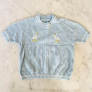 Vintage Baby Boy Pastel Blue Embroidered Duck Short Sleeve Knit Sweater
